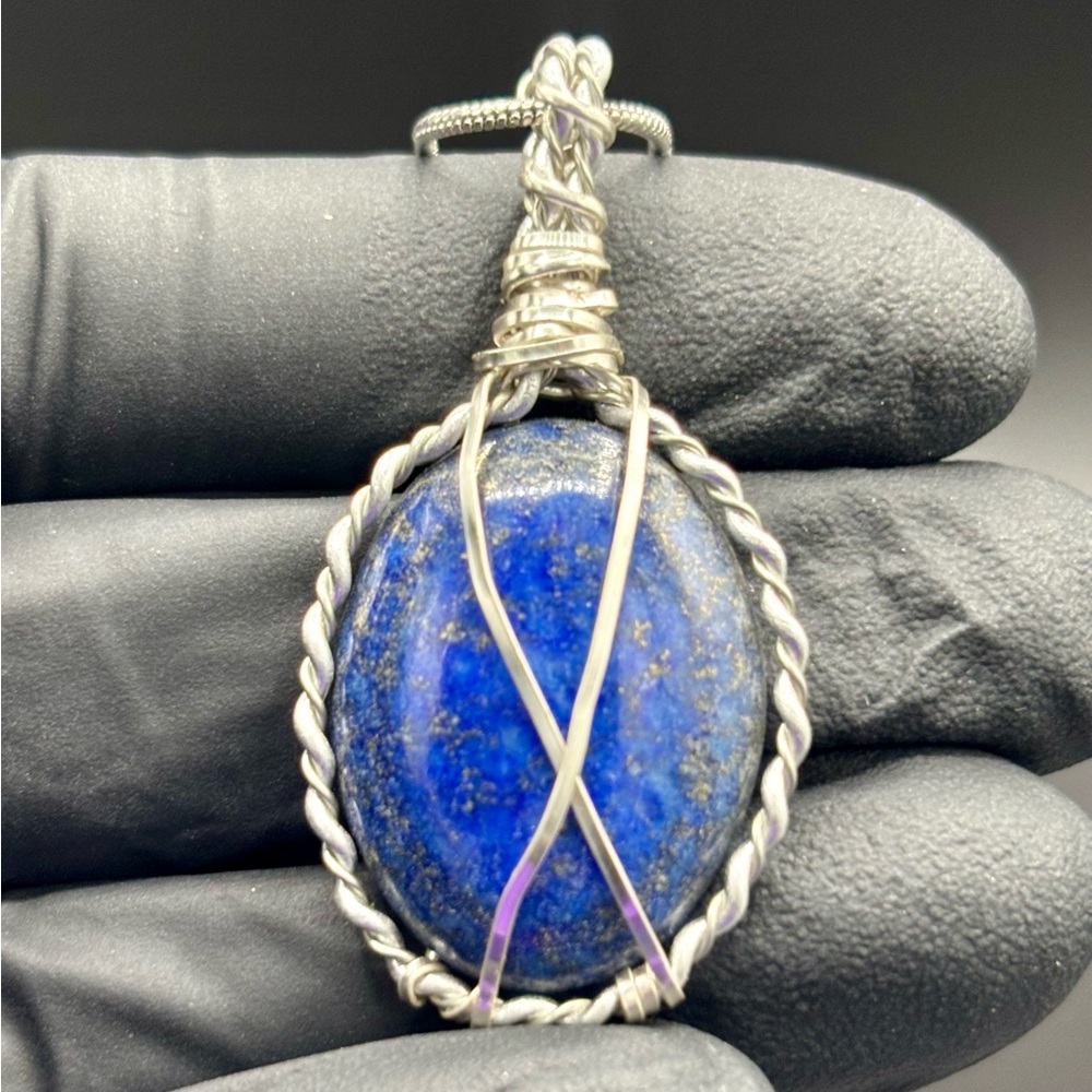 Lapis Lazuli Wire Wrapped Gemstone Pendant Necklace Sterling silver